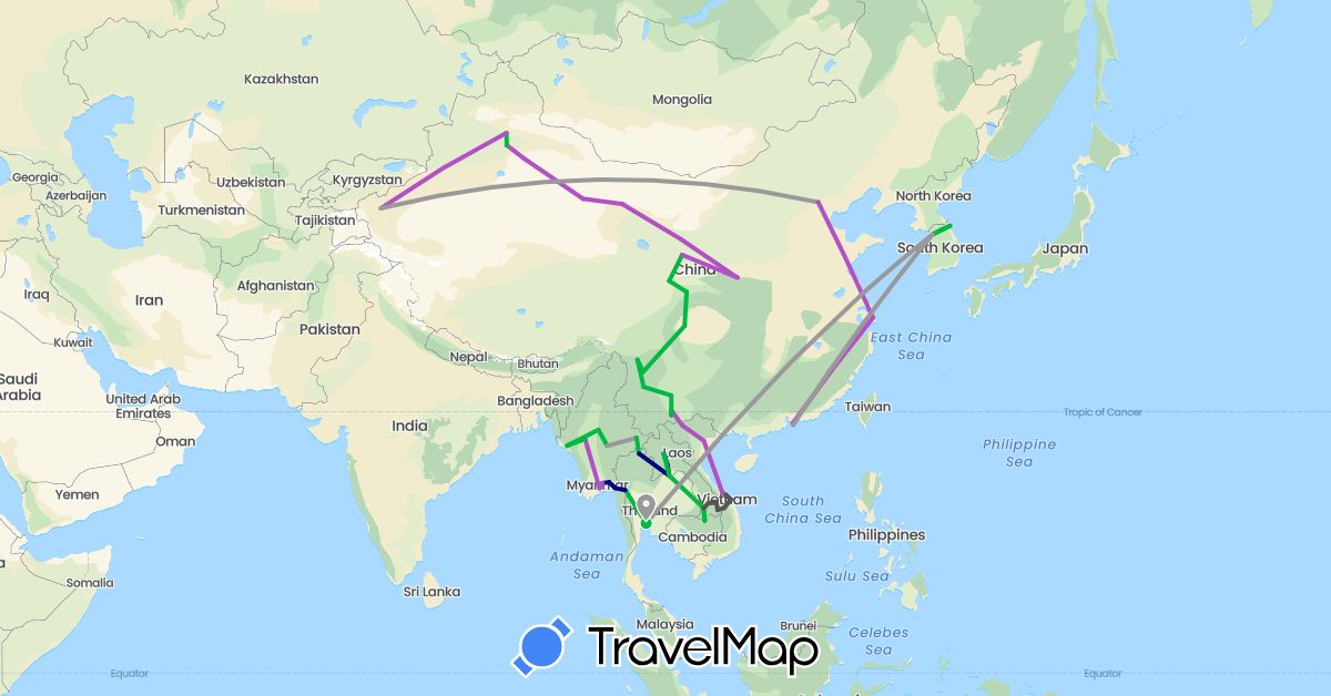 TravelMap itinerary: driving, bus, plane, train, motorbike in China, Hong Kong, South Korea, Laos, Myanmar (Burma), Thailand, Vietnam (Asia)